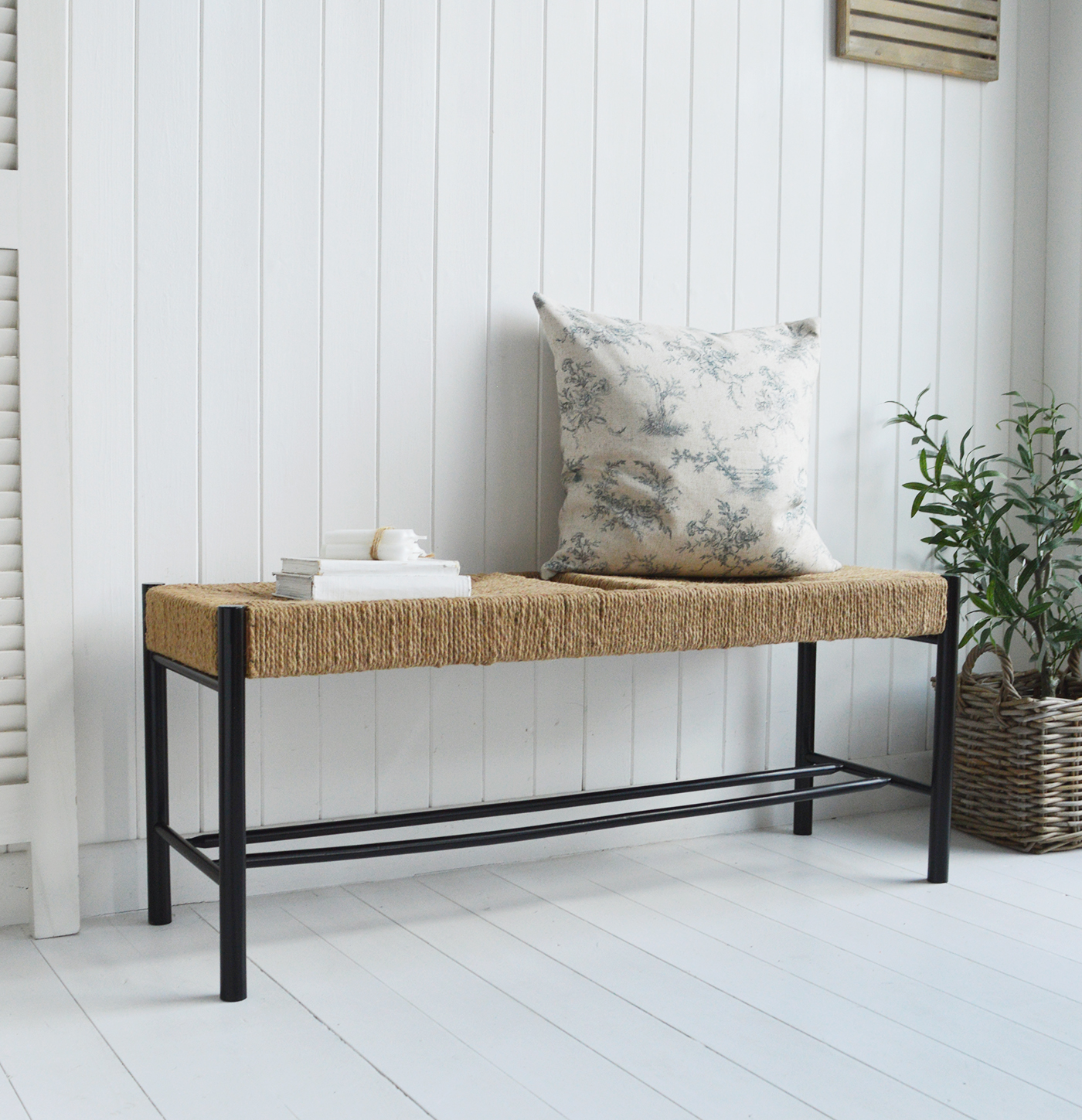 The black Wakefield woven bench, ideal in hallway or bedroom of New England style coastal and modern farmhouse homes.