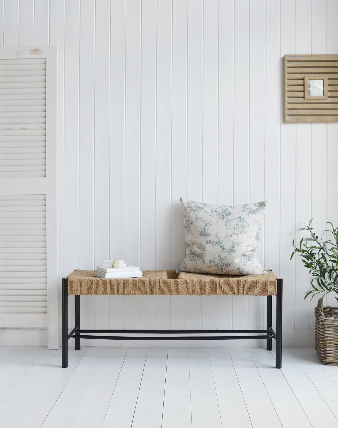 The Wakefiled black woven bench, an ideal shoe bench for hallways in New England coastal interiors