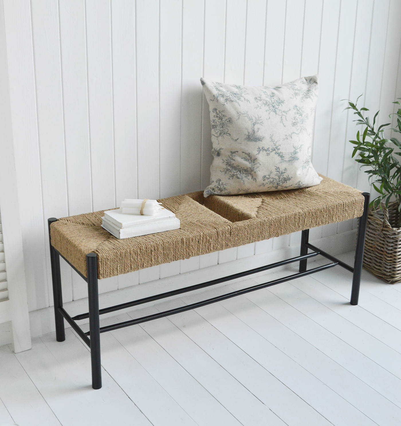 The black Wakefield bench furniture in a white room in a modern farmhouse style interiors to create a striking and contemporary aesthetic