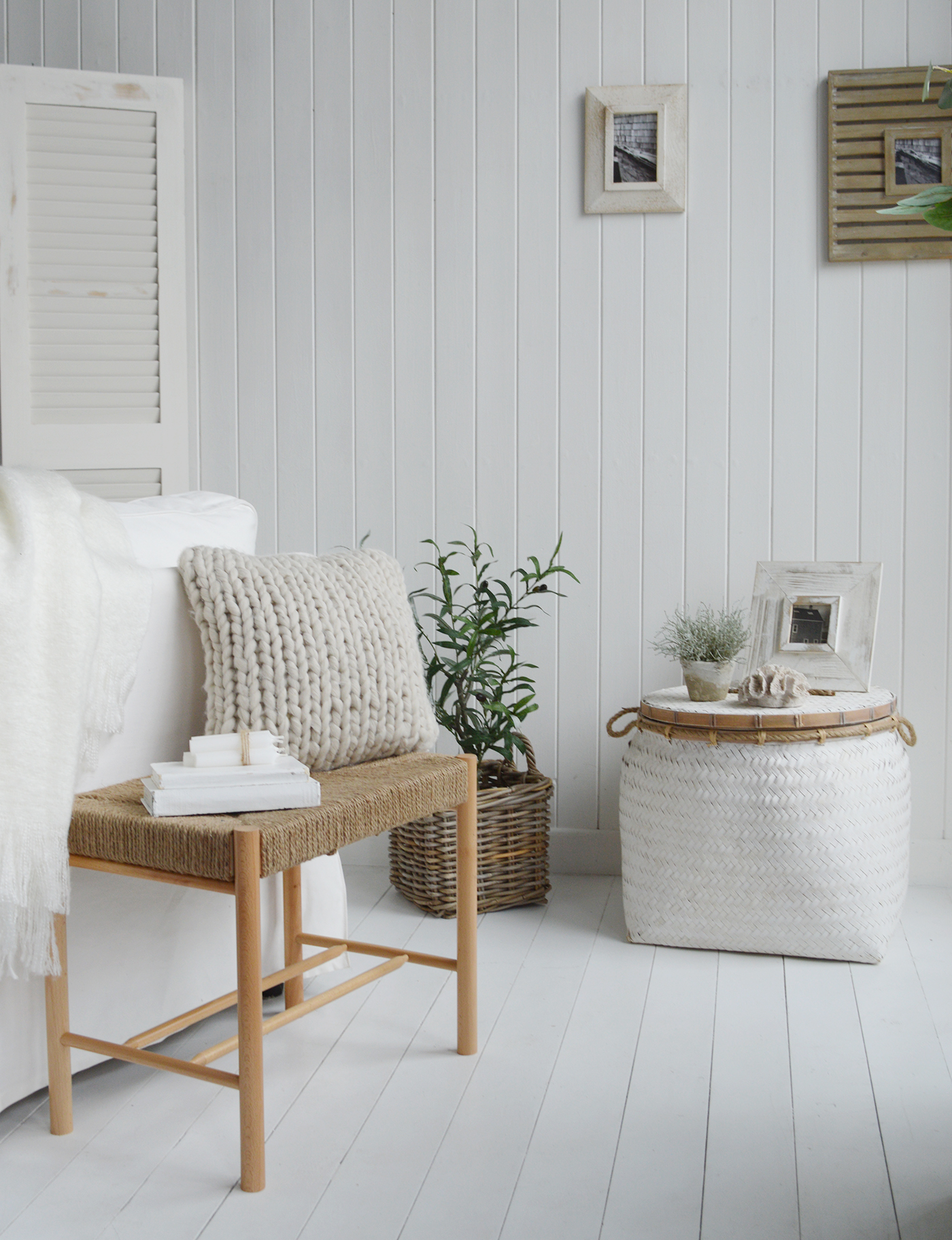 The Wakefield woven bench with a hemp rope seat to create a contrast between the simple lines, perfect for a coastal, beach house or modern farmhouse interior