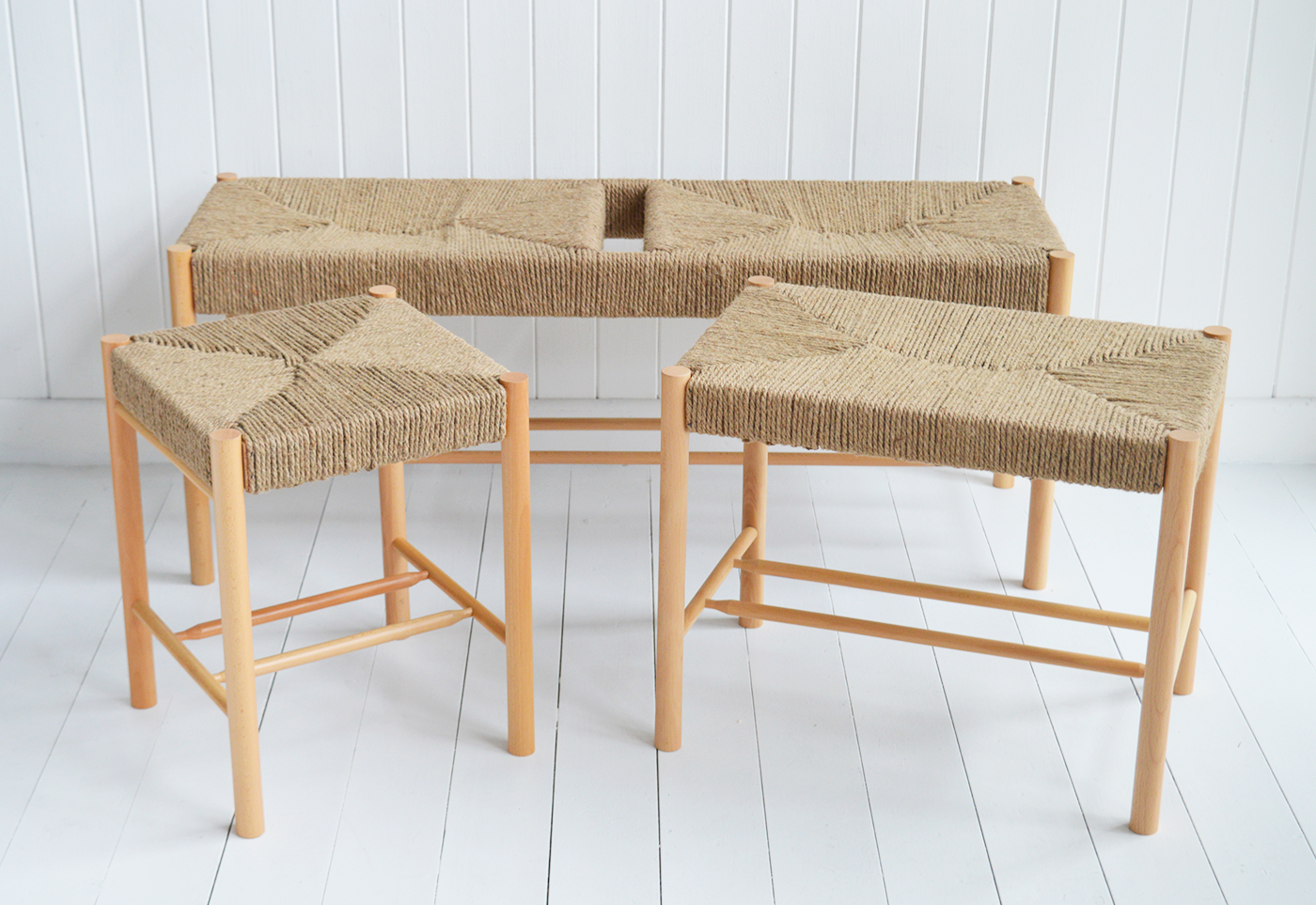 Wakefield Woven Wooden Benches - Bench and Stool for New England modern farmhouse, country and coastal furniture and interiors