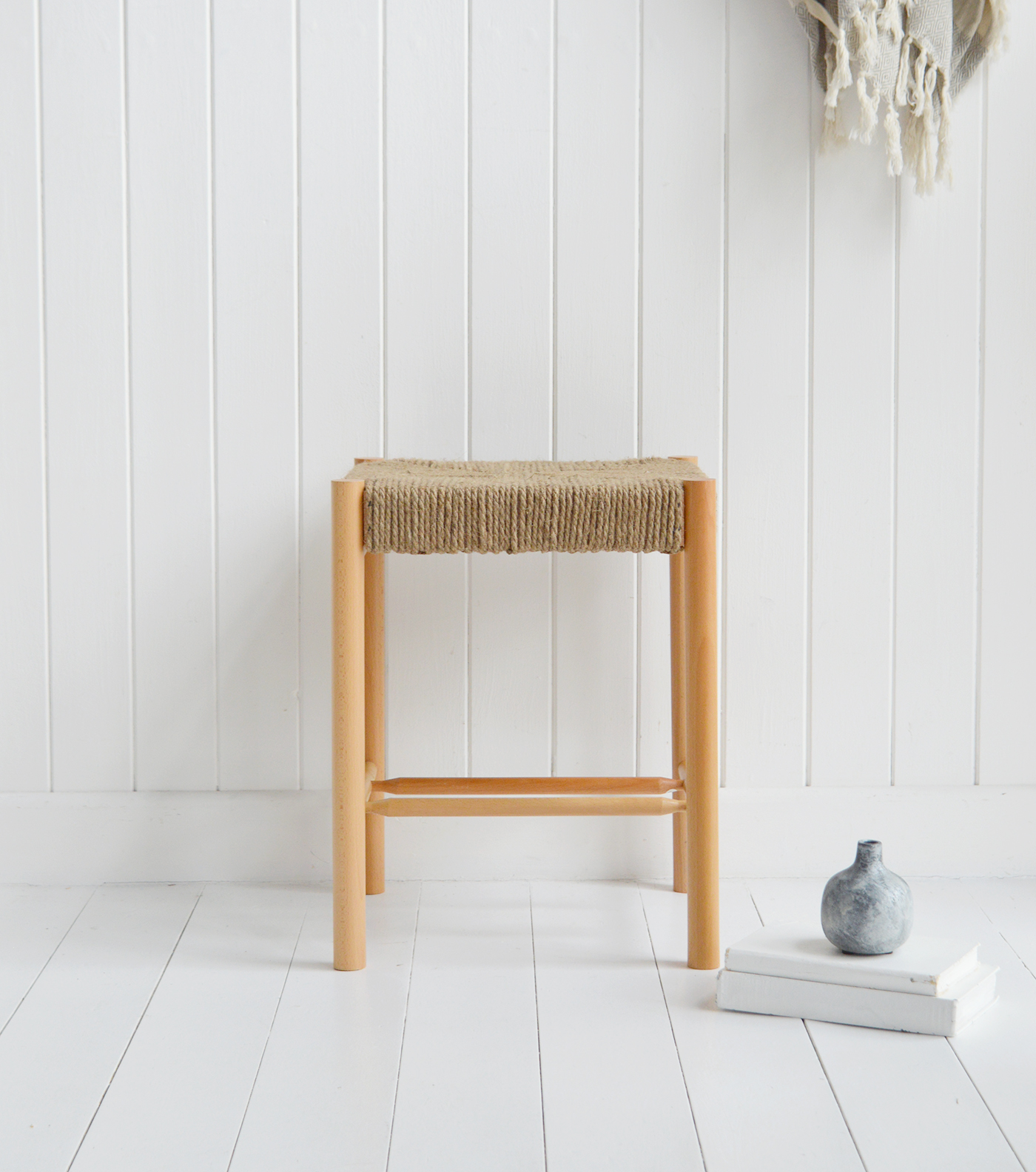 Wakefield Woven Wooden stool - Bench and Stool for New England modern farmhouse, country and coastal furniture and interiors