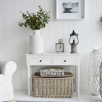 New England white console table black wtih handles for Hallway Furniture in coastal, country and city home interiors