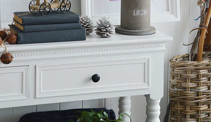 New England white furniture. Hallway console table with two drawers 