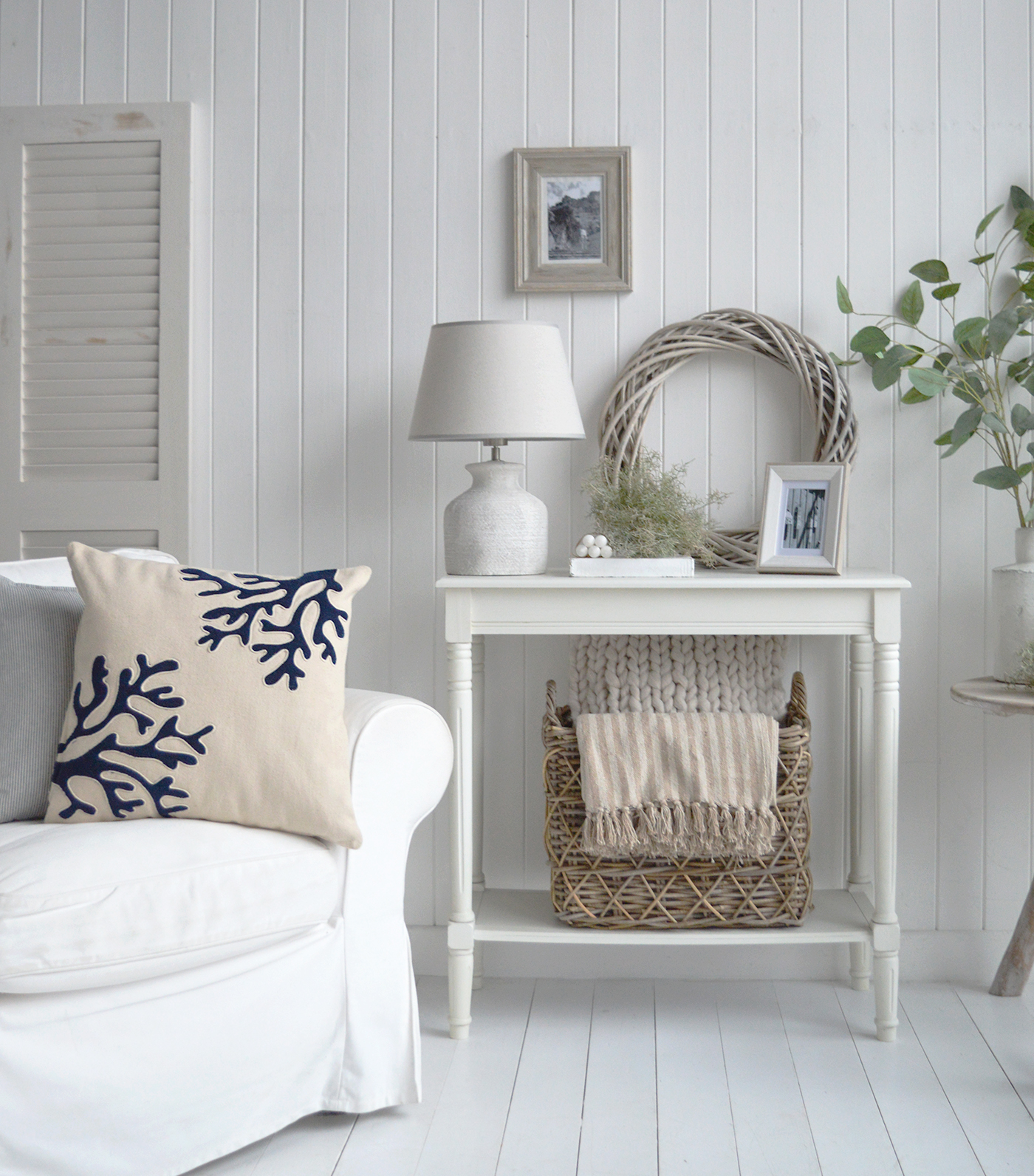 The Cape Ann white console table in vintage finish with a shelf for Coastal Baeach House and Hamptons styled interiors