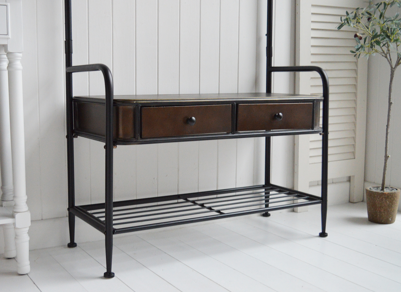 Windsor Hallway Stand - Bench Seat, shelf and Coat Rack for complete Hall Entry Way in antiqued black metal for modern farmhouse, coastal and country New England Interiors. Shows the bench seat part of the rack with the drawers 