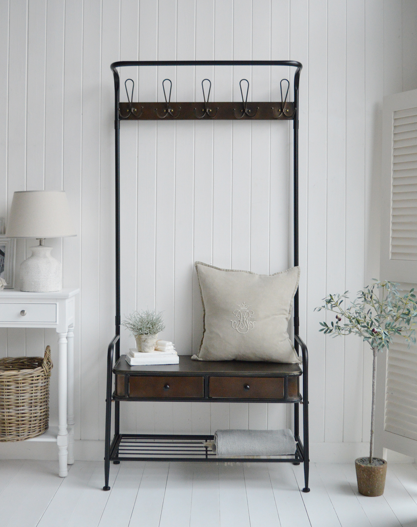 Windsor Hallway Stand - Bench Seat, shelf and Coat Rack for complete Hall Entry Way in antiqued black metal for modern farmhouse, coastal and country New England Interiors 