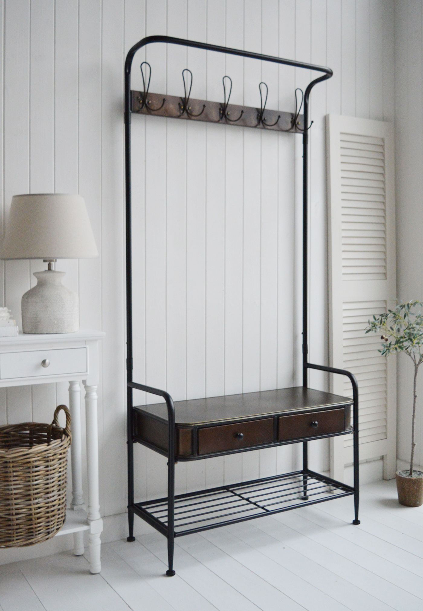 Windsor Hallway Stand - Bench Seat, shelf and Coat Rack for complete Hall Entry Way in antiqued black metal for modern farmhouse, coastal and country New England Interiors . Photo from the side to show the complet size