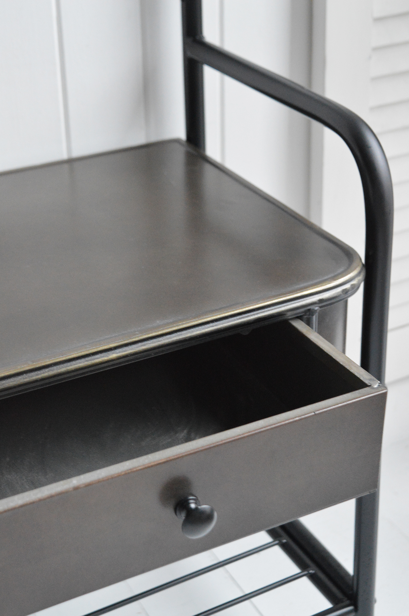 Windsor Hallway Stand - Bench Seat, shelf and Coat Rack for complete Hall Entry Way in antiqued black metal for modern farmhouse, coastal and country New England Interiors. Photo shows the seating area and close up finish