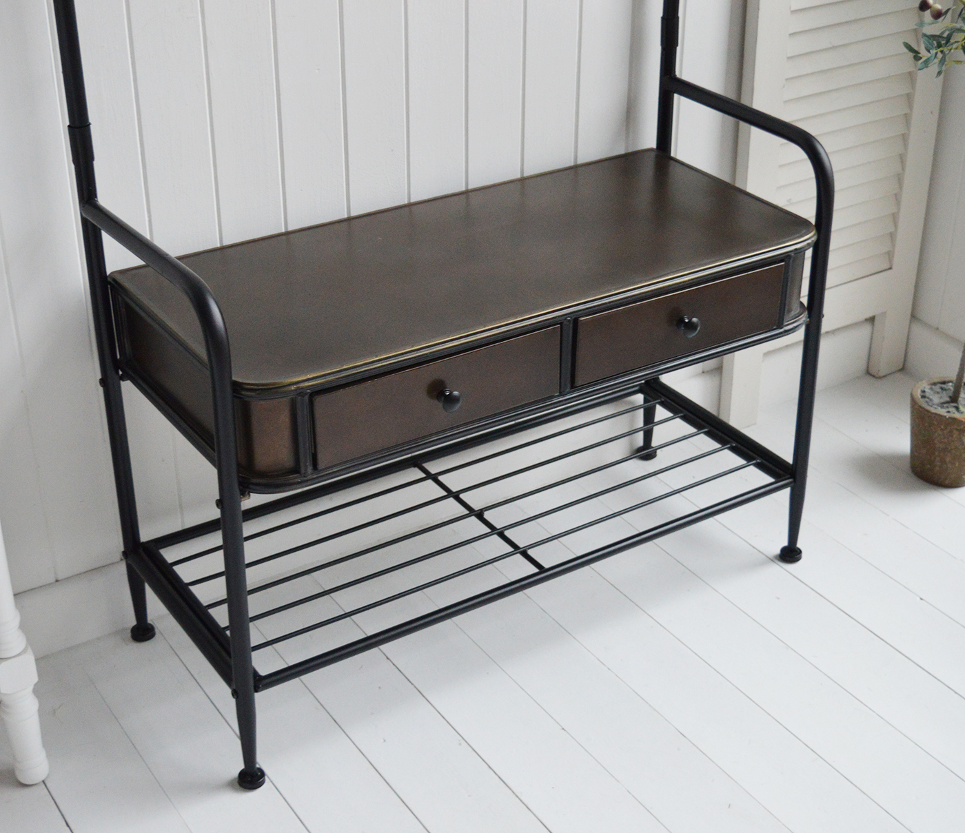 Windsor Hallway Stand - Bench Seat, shelf and Coat Rack for complete Hall Entry Way in antiqued black metal for modern farmhouse, coastal and country New England Interiors . Photo shows the drawers and colour