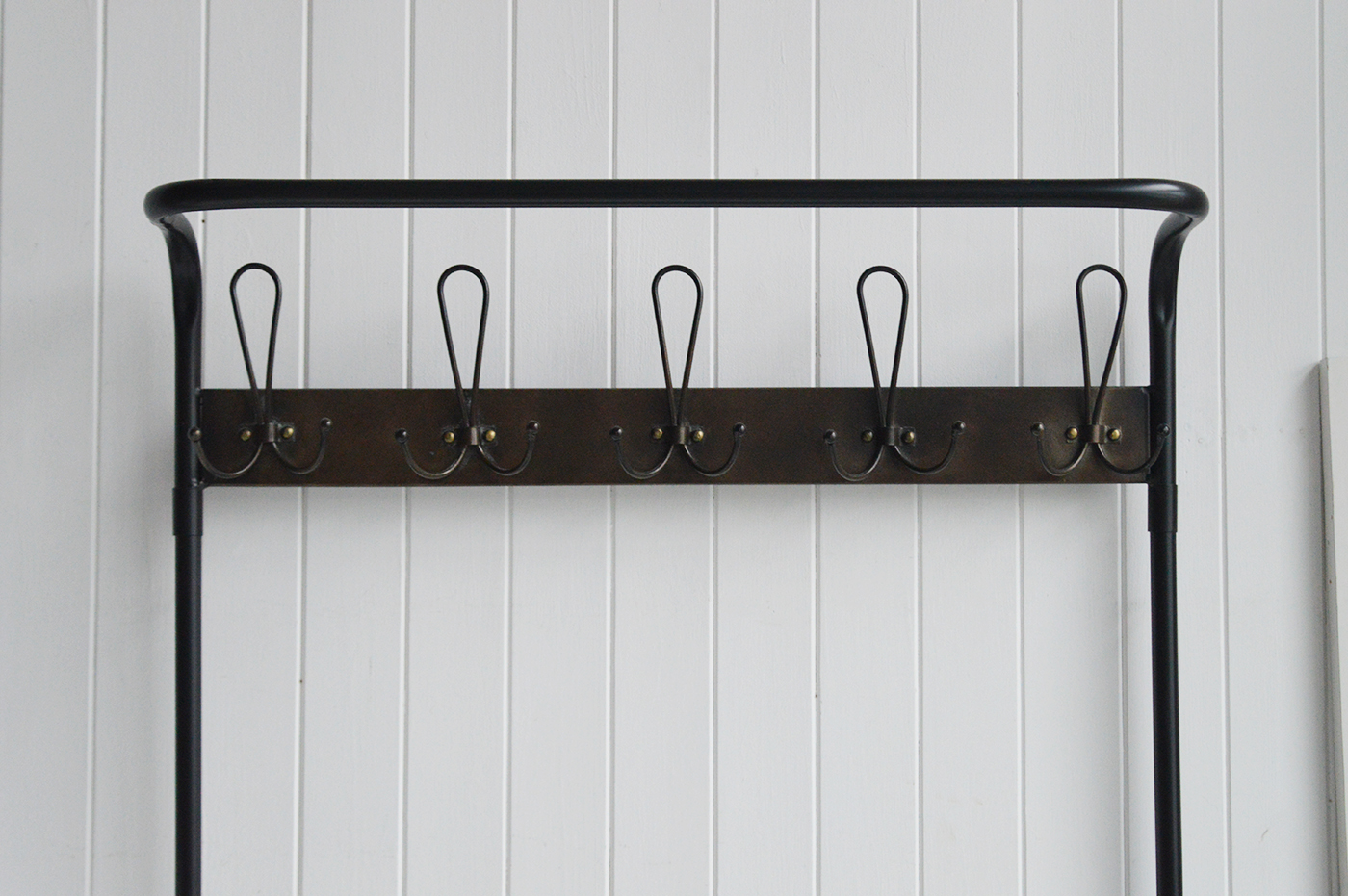 Windsor Hallway Stand - Bench Seat, shelf and Coat Rack for complete Hall Entry Way in antiqued black metal for modern farmhouse, coastal and country New England Interiors . Photo shows the top coat rack hooks frontal