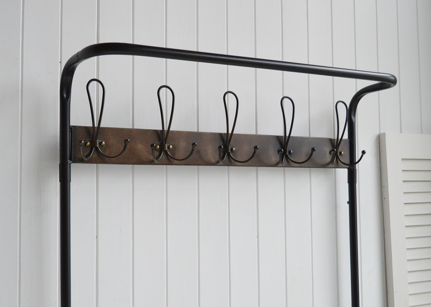 Windsor Hallway Stand - Bench Seat, shelf and Coat Rack for complete Hall Entry Way in antiqued black metal for modern farmhouse, coastal and country New England Interiors. Photo shows the coat rack from the side