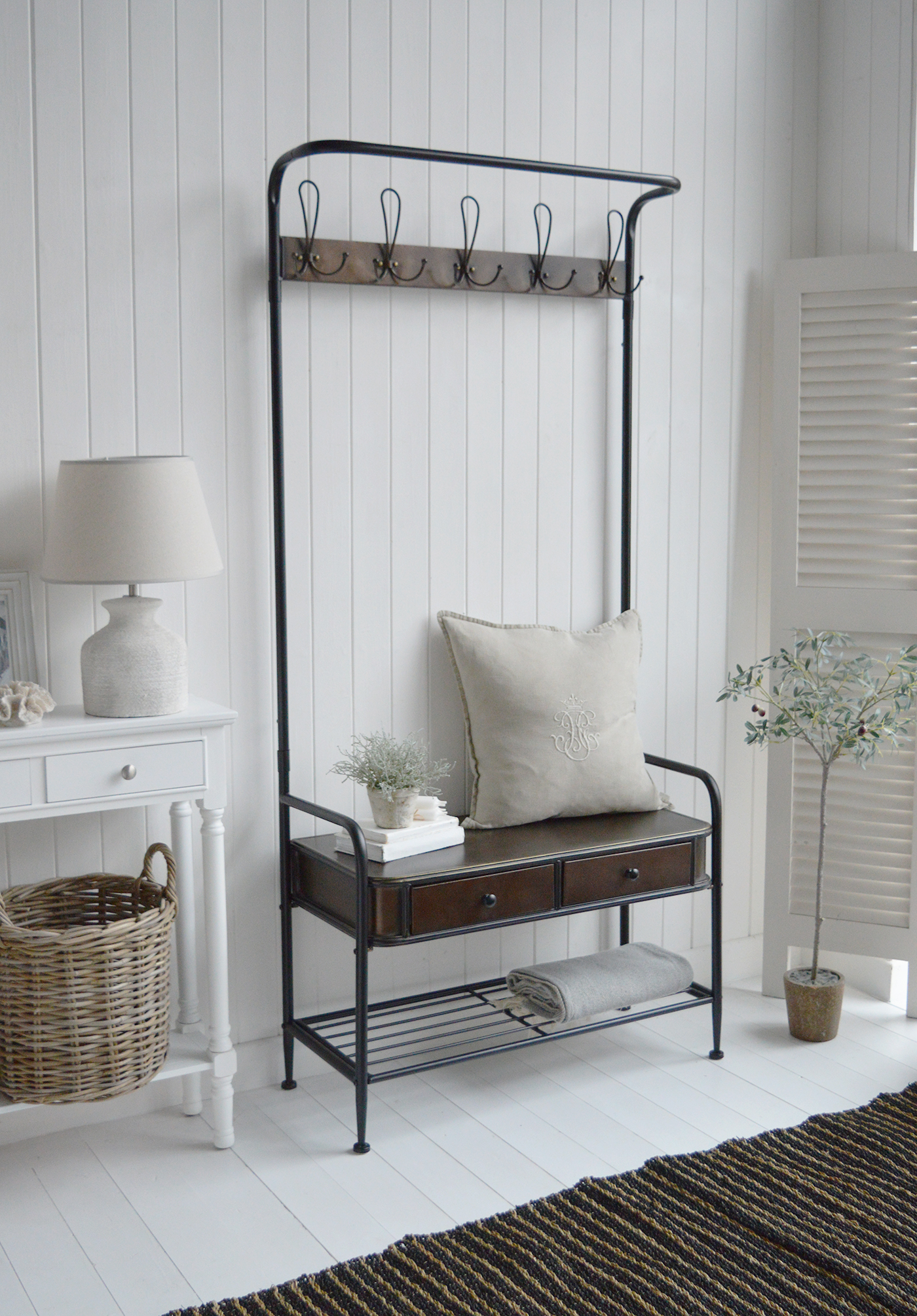 Windsor Hallway Stand - Bench Seat, shelf and Coat Rack for complete Hall Entry Way in antiqued black metal for modern farmhouse, coastal and country New England Interiors. Photo from the side