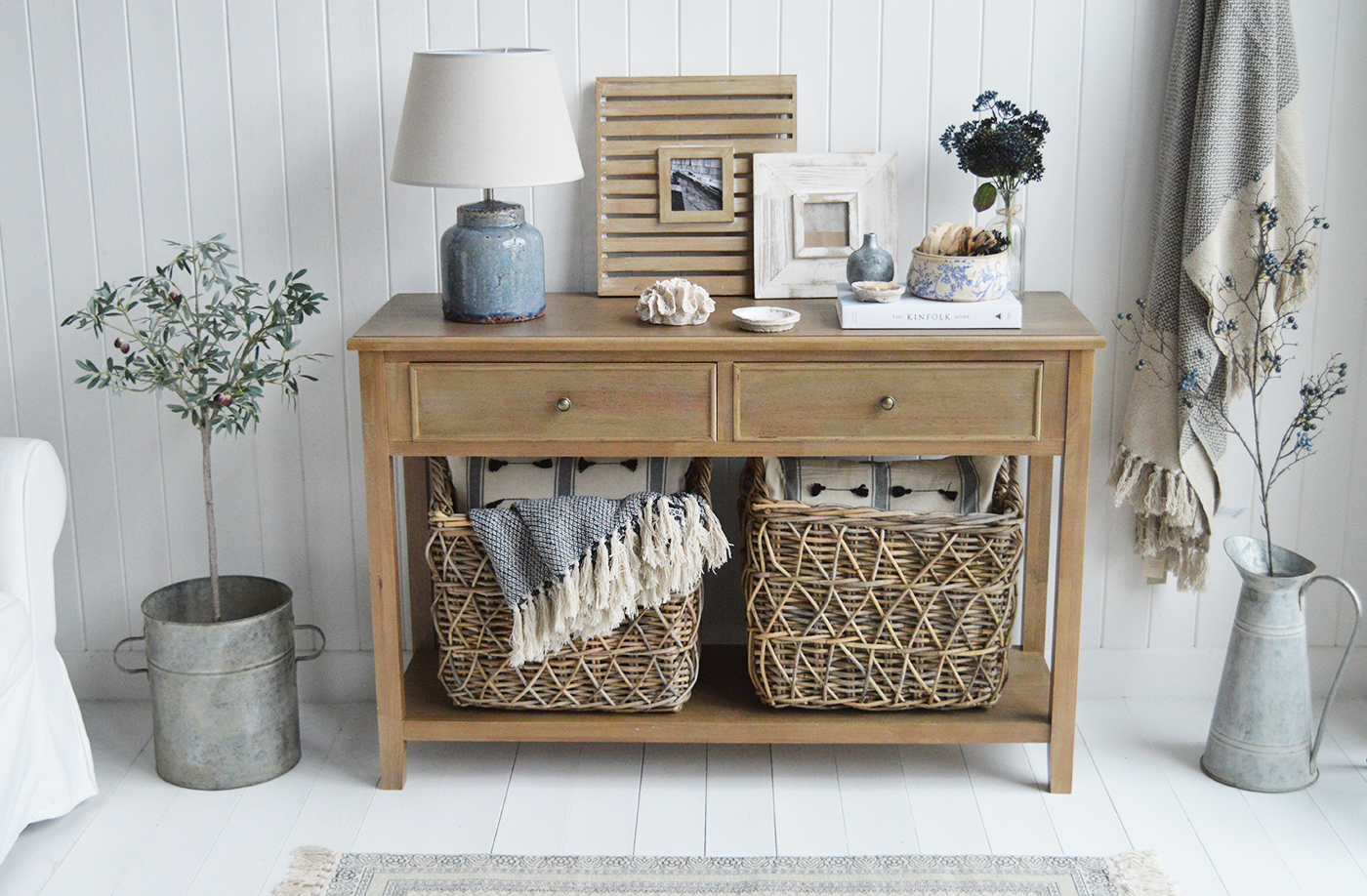 Berkshire New England console table with drawers and shelf for living room and hallway furniture in coastl and country homes and interiors