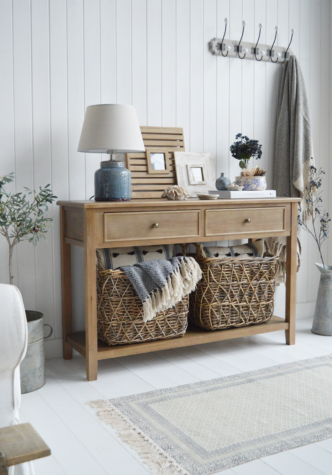 Berkshire New England console table with drawers and shelf for living room and hallway furniture in coastl and country homes and interiors