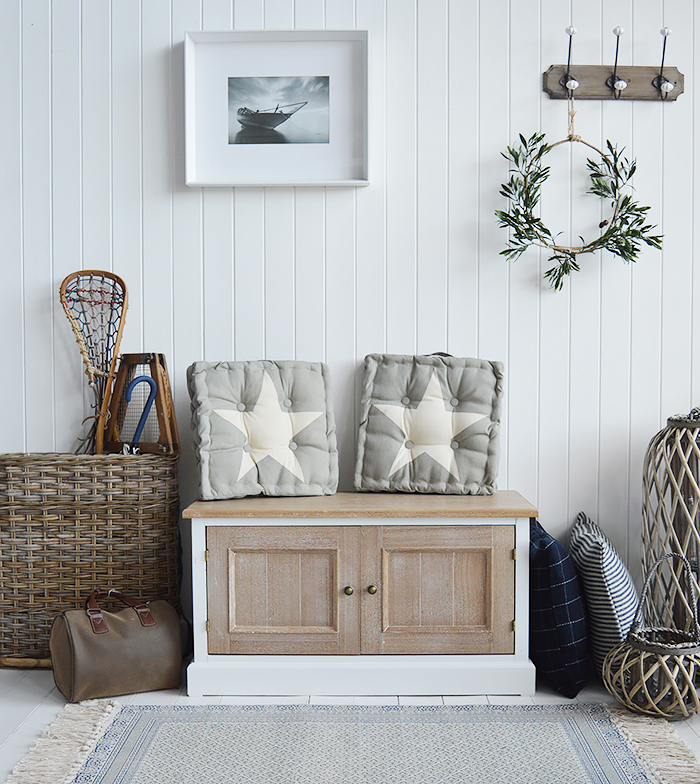 Hallway furniture, a white storage bench with shoe storage from The White Lighthouse Furniture