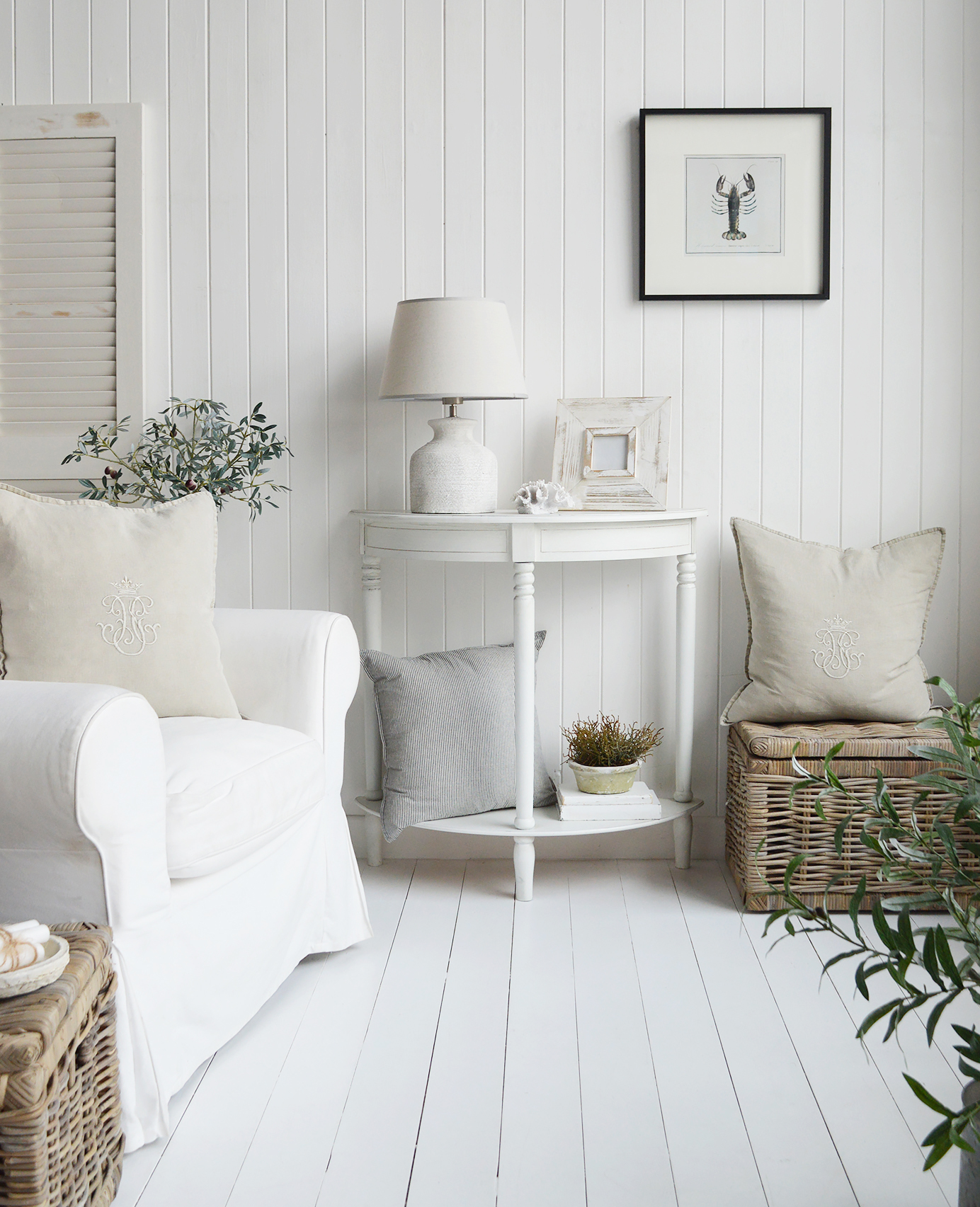The Cape Ann small white console table in half moon shape with a shelf. Ideal piece of furniture for the living room, bedroom or hallway in a New England coastal, country or Modern Farmhouse style interior