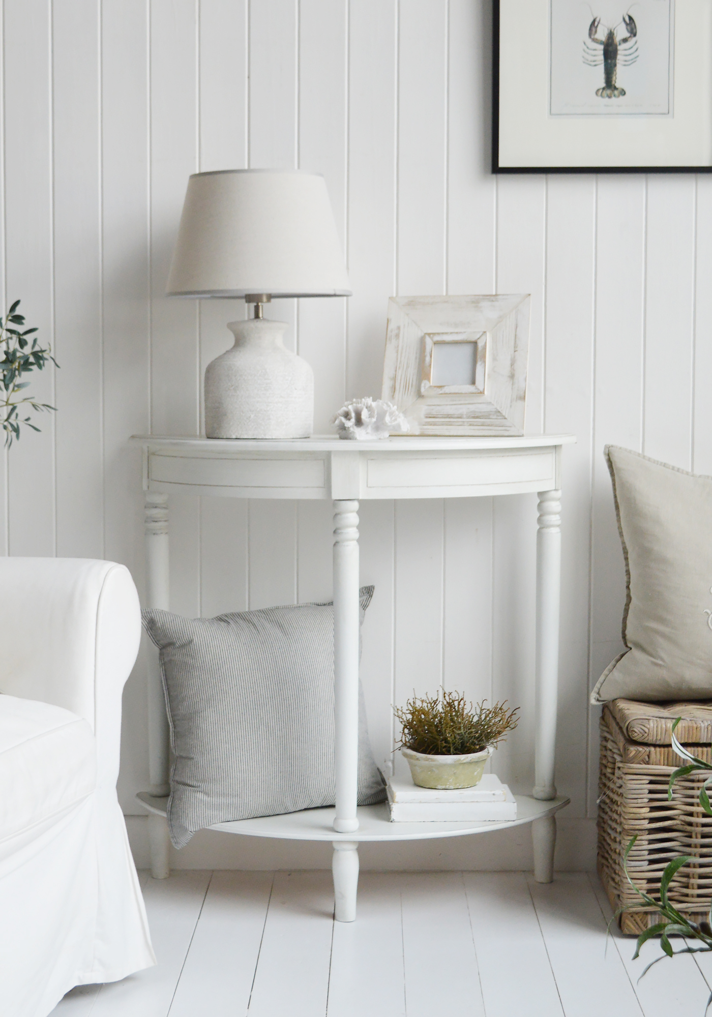 The Cape Ann small white console table in half moon shape with a shelf. Ideal piece of furniture for the living room, bedroom or hallway in a New England coastal, country or Modern Farmhouse style interior