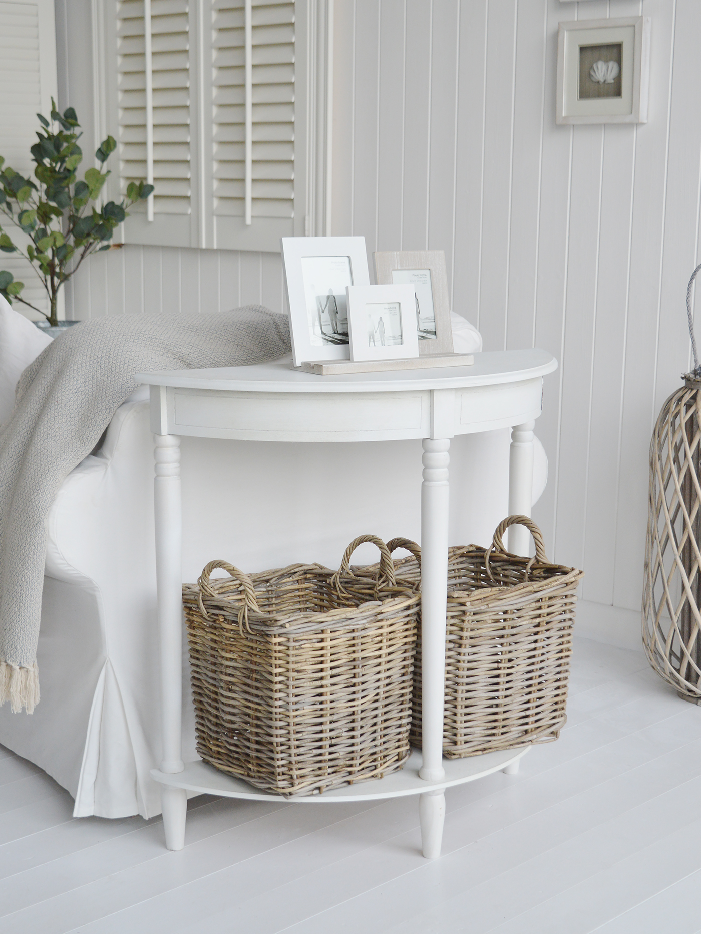 Cape Ann antique white half moon console table with shelf for New England living room and hallway furniture