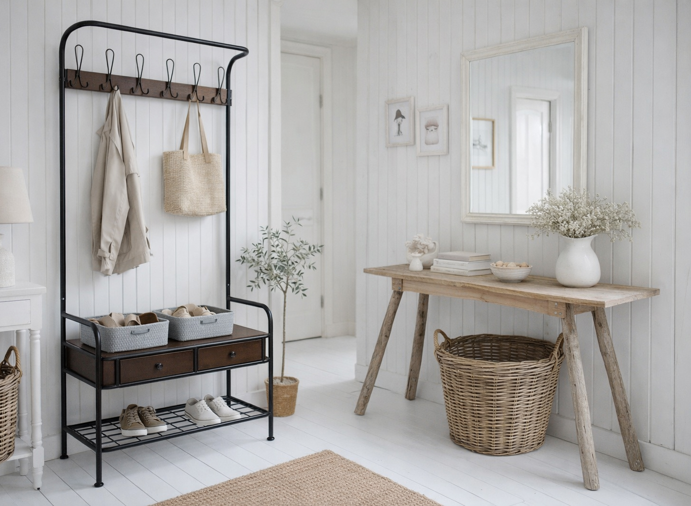 Create a welcoming coastal hallway with natural textures, relaxed styling and timeless New England charm.