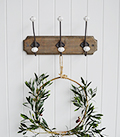 Hall furniture and accessories for the home. Richmond three double hooks coat rack for the hall. Coastal, Country and white New England furniture for the hallway, living room, bedroom and bathroom from The White Lighthouse Home Interiors