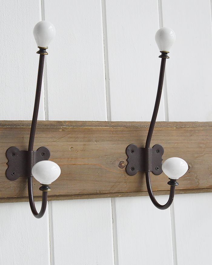 Richmond Five double hooks coat rack for the hall. Coastal, Country and white New England furniture for the hallway, living room, bedroom and bathroom home interiors