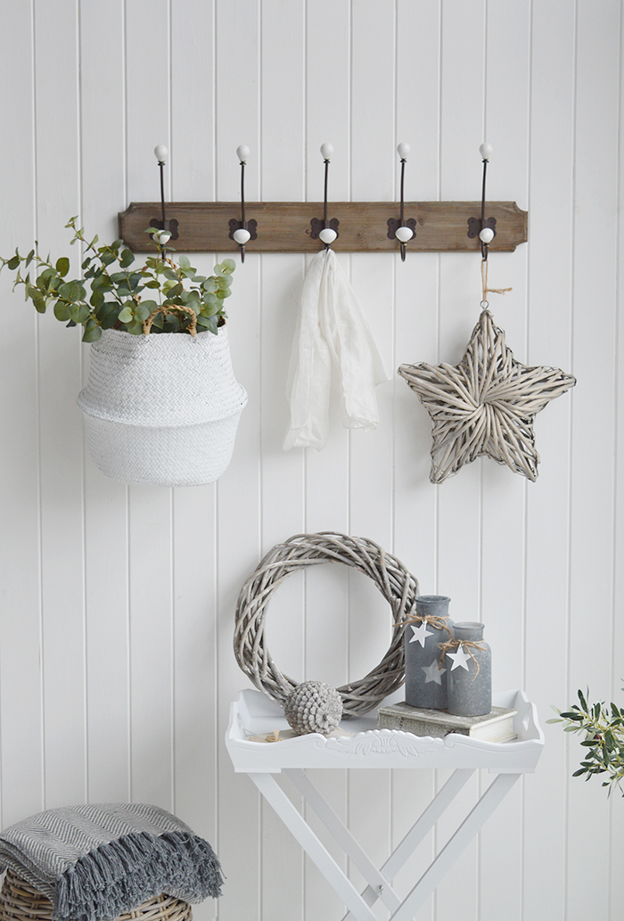 Richmond Five double hooks coat rack for the hall. Coastal, Country and white New England furniture for the hallway, living room, bedroom and bathroom