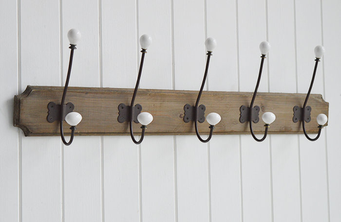 Richmond Five double hooks coat rack for the hall. Coastal, Country and white New England furniture for the hallway, living room, bedroom and bathroom for home interiors