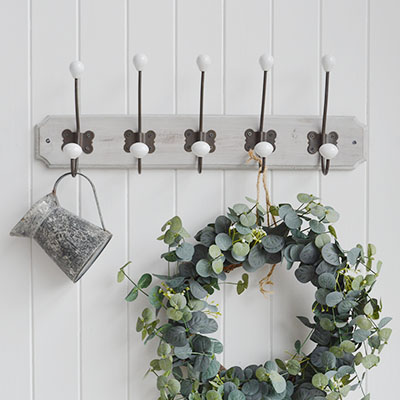The Pawtucket grey wood wall rack is a strong and sturdy set of 5 hooks ideal for hanging coats, towels etc or purely for decorative purposes to add interest to an empty wall for New England interiors for all coastal and country homes
