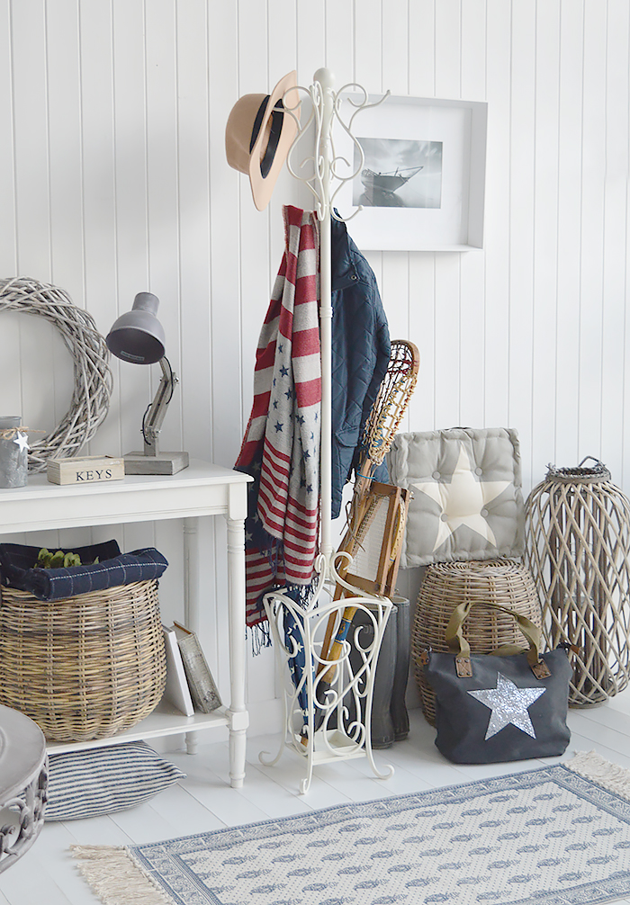 Stamford antique white coat stand with umbrella basket for New England hallway furniture