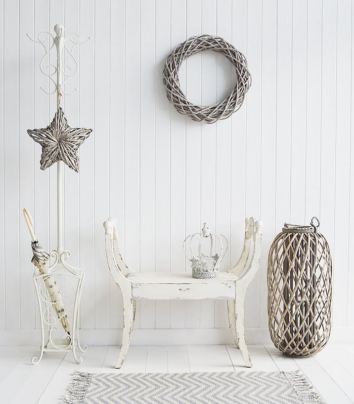 Tranquil and relaxing hallway furniture in natural tones. The Stamford coat stand with the Providence seat, grey willow star, wreath and lantern and to finish it off... our star Umbrella