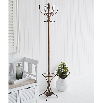 Copper coloured traditional bentwood metal coat stand with umbrella holder