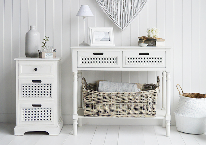 Colonial white furniture. Hallway console table with drawers and a lamp table with drawers for complete hall interior from The White Lighthouse