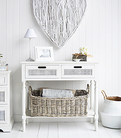 Colonial White console hallway or sofa table with two drawers and shlef, Suitable for all white hallway furniture in coastal, country and New England interiors