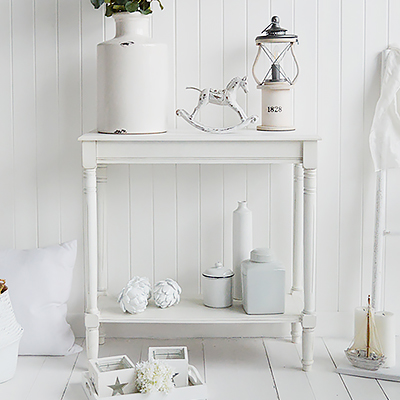 Colonial white console table with a shelf. A perfect piece of furniture for a living room in a coastal inspired New England Beach House or Hamptons home