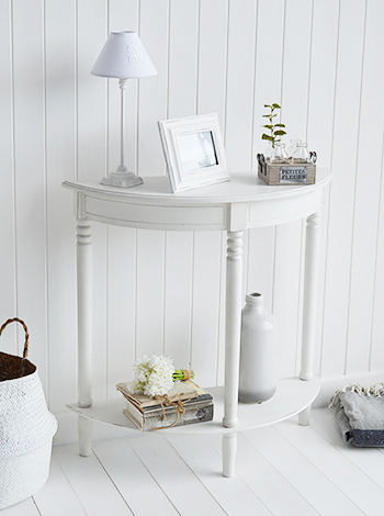 White half moon console still gives table top fo display