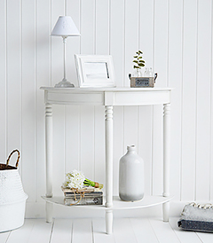 Colonial White Furniture half moon narrow console table with a shelf