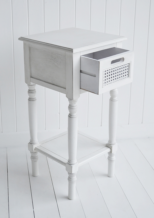 white Colonial Furniture - Hallway lamp table, white bedside table in the bedroom