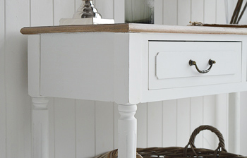 Console table in white for country cottage interiors, Coastal and NEw England homes