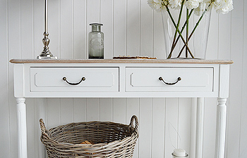 Console table in white for country cottage interiors, Coastal and NEw England home styles