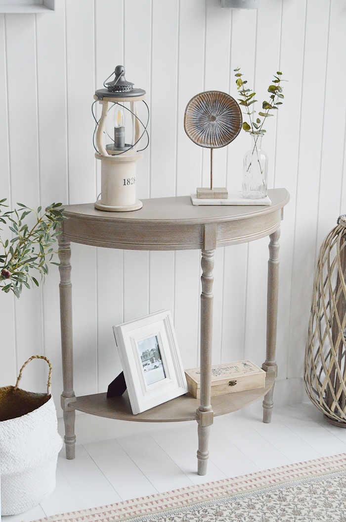 New England style hallway furniture. Finished in white washed driftwood grey console table with shelf to add a natural basket for extra storage