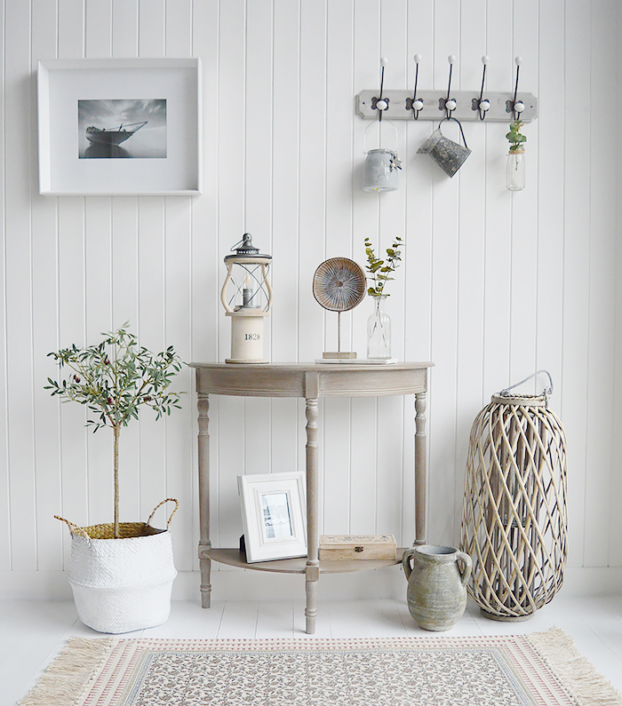 New England style hallway furniture. Finished in white washed driftwood grey console table with shelf