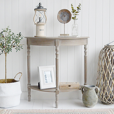 The Montauk neutral console table with a shelf for modern farmhouse and country styled homes