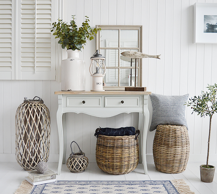 A grey console table with drawers, the Oxford hall table is an excellent choice with 2 drawers from The White Lighthouse range of large hallway furniture. Coastal, country, white and New England Furniture delivered to UK