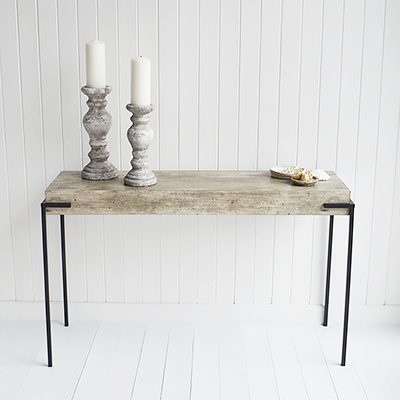 Putney Grey Half Moon Console Table for New England Coastal, Country and Farmhouse Hallway Furniture