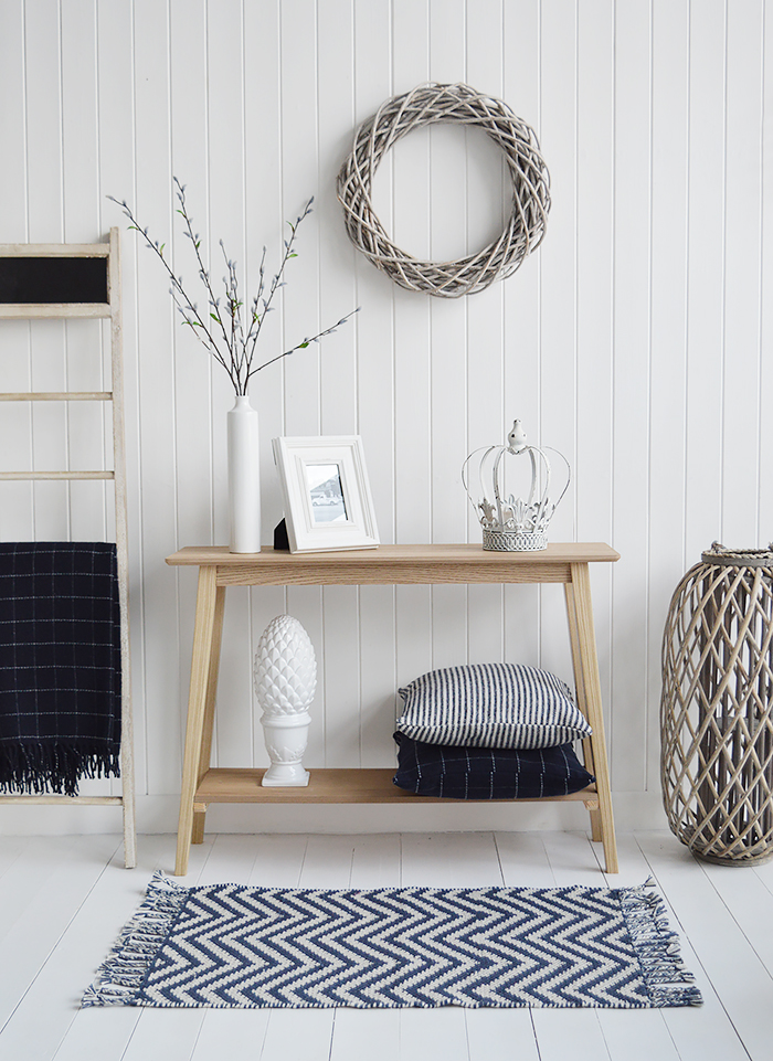 The New Shoreham narrow console table with blues and whites in for subtle coastal style home interiors design and decor