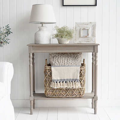 Montauk driftwood grey narrow console table . Perfect for New England, coastal, country or modern farmhouse hallway, living room and bedroom furniture