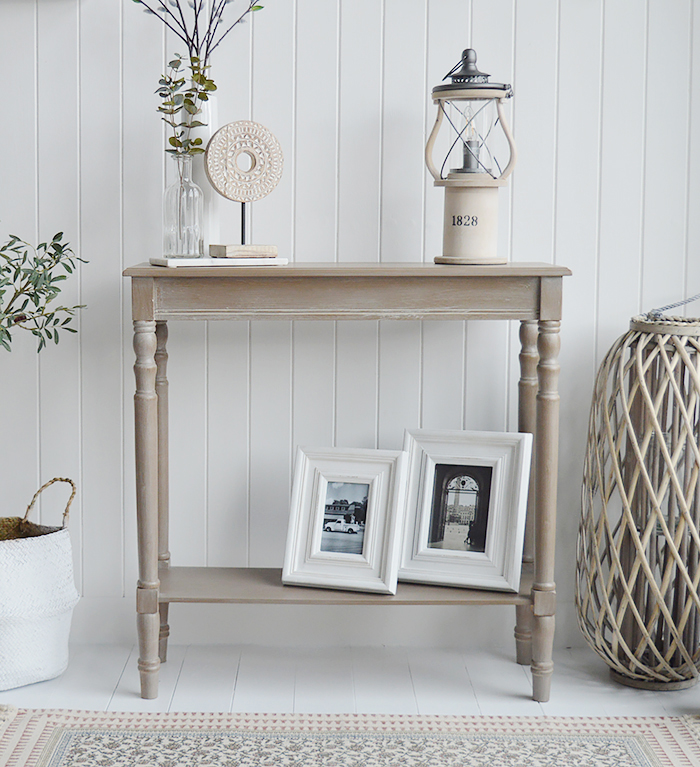 New England style hallway furniture. Finished in white washed driftwood grey console table with shelf