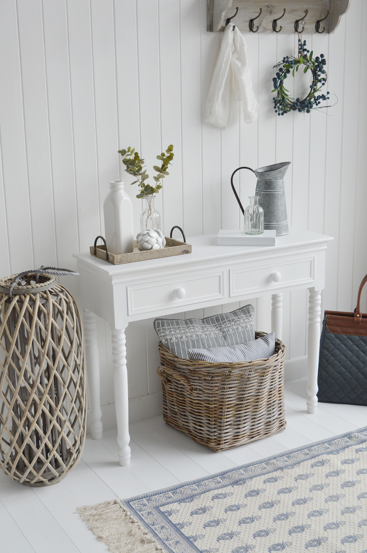 The White Lighthouse hallway console table. New England furniture and table for pure white interiors and decor for hallway furniture and living room design. Coastal, country and city home interiors. Free delivery UK