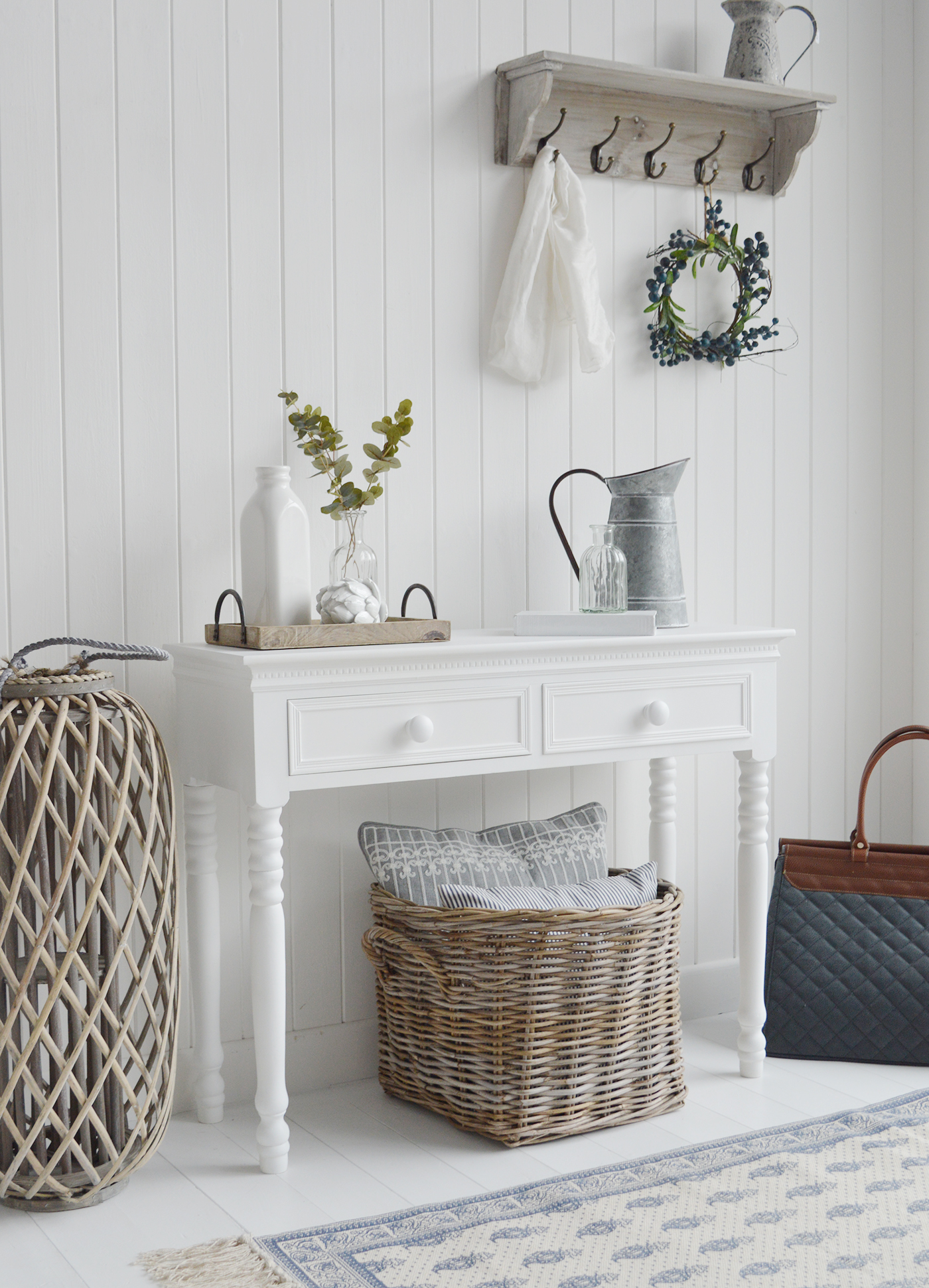 The White Lighthouse hallway console table. New England furniture and table for pure white interiors and decor for hallway furniture and living room design. Coastal, country and city home interiors. Free delivery UK